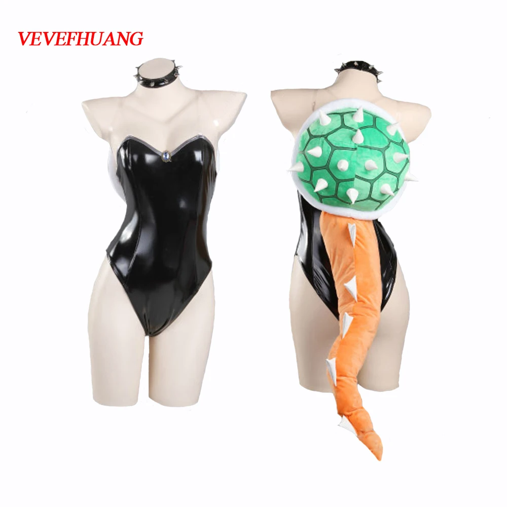 

VEVEFHUANG Super Mario Bowsette Cosplay Costume Bowser Cos Mario Princess Toadstool Peach Cosplay Latex suit Black Turtle Shell